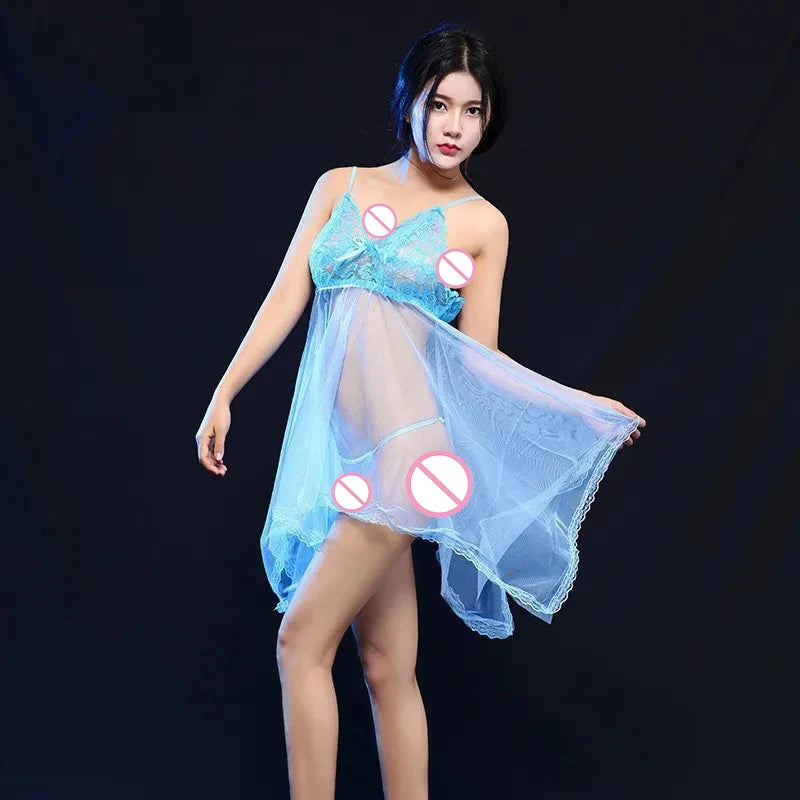 Sexy Lingerie Set Women Sexy Lace Nightgown Transparent V-neck Slip Dress