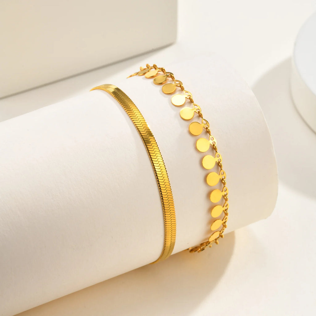 Anklet Set Layered for Women 18K Gold Plated Stainless Steel Flat Snake Chain Round Disk Waterproof Jewelry