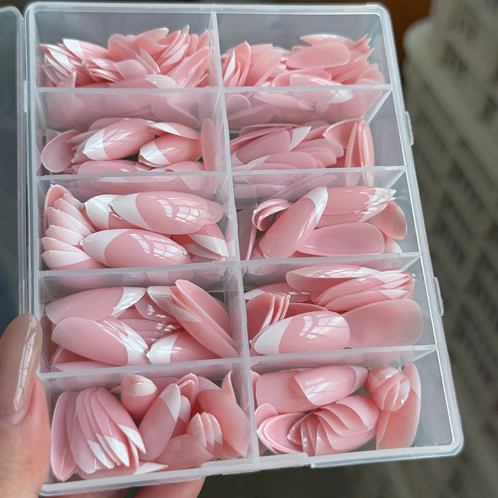 360/240/120pcs Light Pink Almond Press On Nails Glossy White French Fake Nail Simple Full Cover Fake Nails Soft Gel Nail Tips*%&