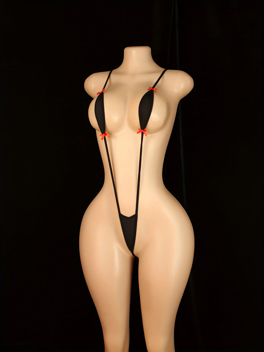 Sexy Adjustable Strappy Teddy Bodysuit for Women - Black Lingerie with Red Accents, Backless Design, Semi-Sheer Adult Apparel