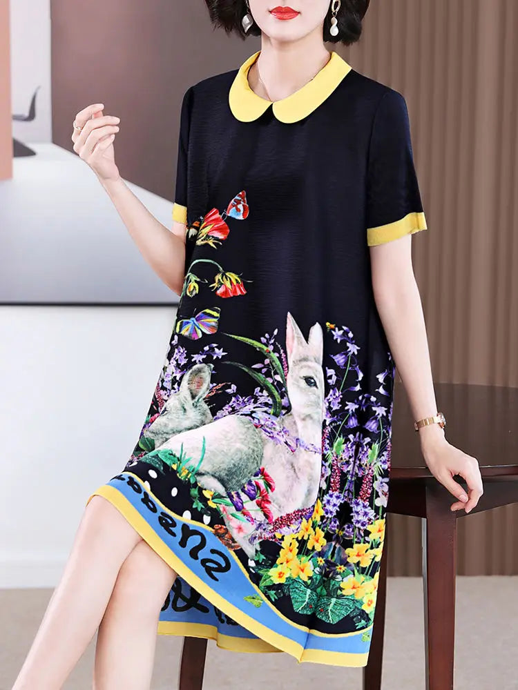 Summer short sleeved dress 2024 new pleated fashion print oversized women's black dress  vestidos de mujer