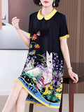 Summer short sleeved dress 2024 new pleated fashion print oversized women's black dress  vestidos de mujer