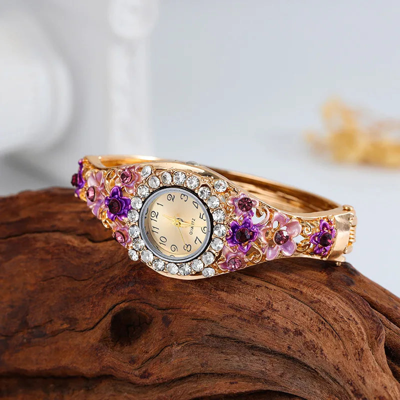 Women's Rhinestone Flower Bangle Quartz Watch