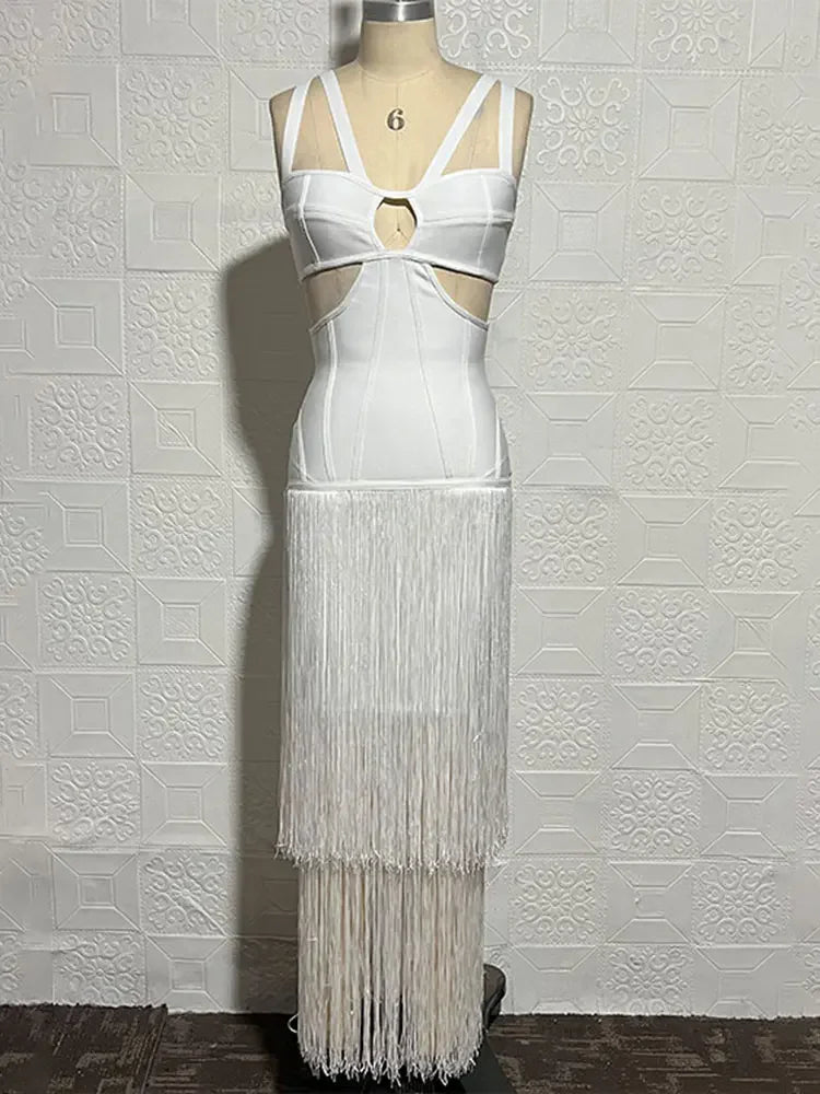 2026 Summer Sexy Tassel Bandage Dresses Women's Spaghetti Sleeveless Hollow Bodycon Long Dress Celebrity Evening Party Vesidos