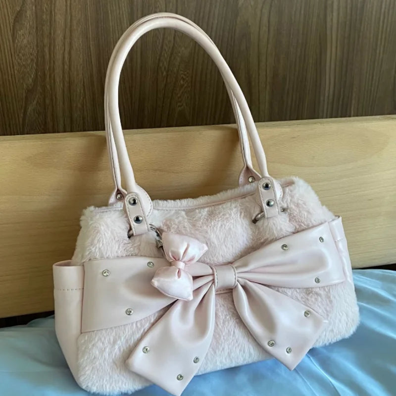 Plush Pink Bow Shoulder Bag