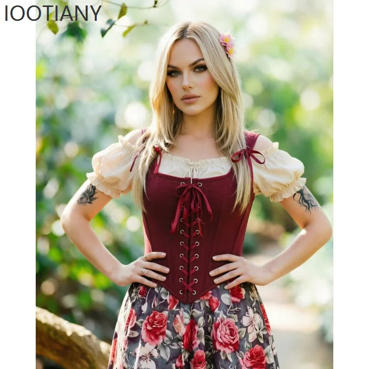 Women Renaissance Corset Top Retro Renaissance Faire Corset Square Neck Satin Lace Up Bustier Halloween Cosplay Fairy Costume