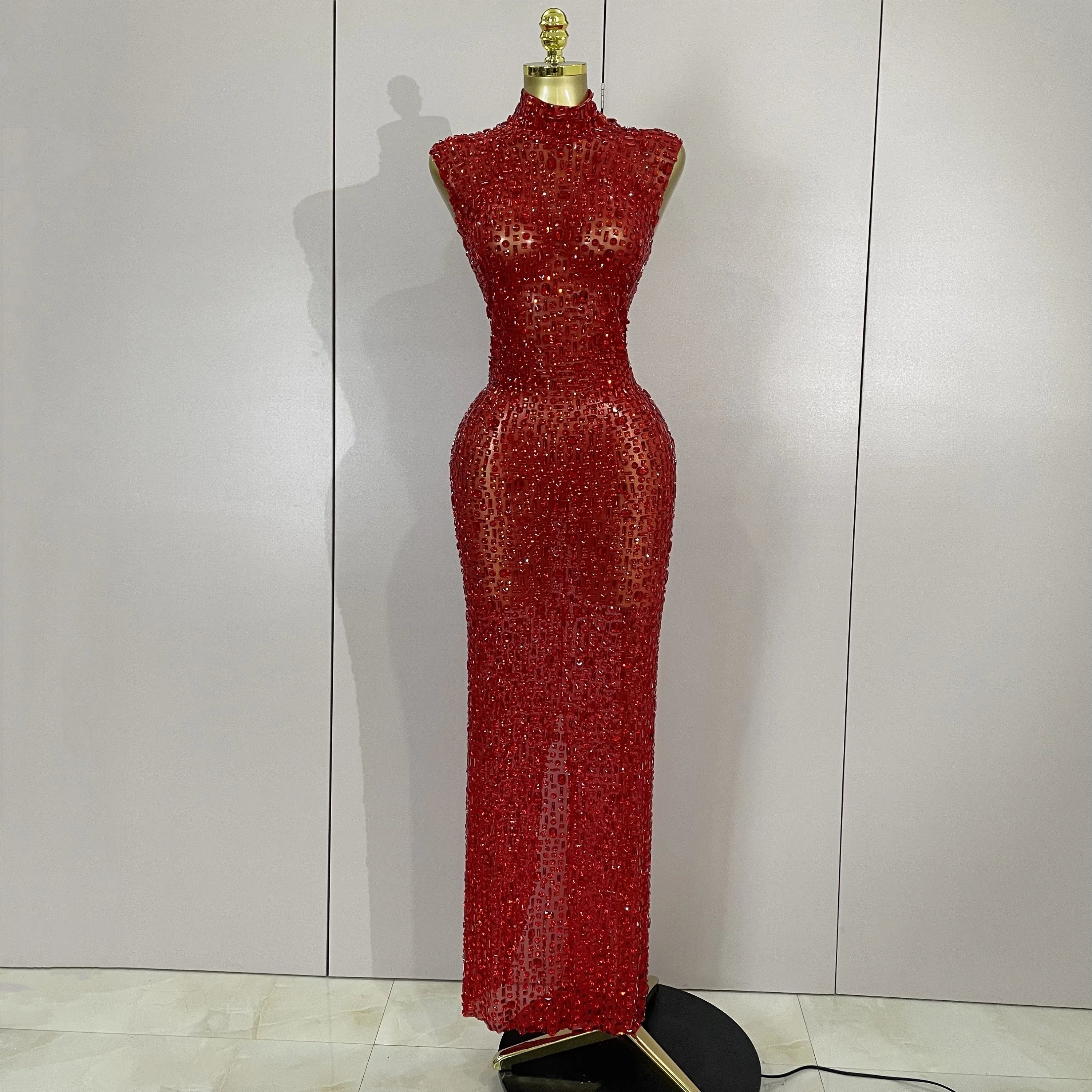 Luxury Sparkly Diamonds Red Sexy Mesh See Through Long Dress Women Eveing Celebrate Birthday Dress Wedding Singer Stage Costume