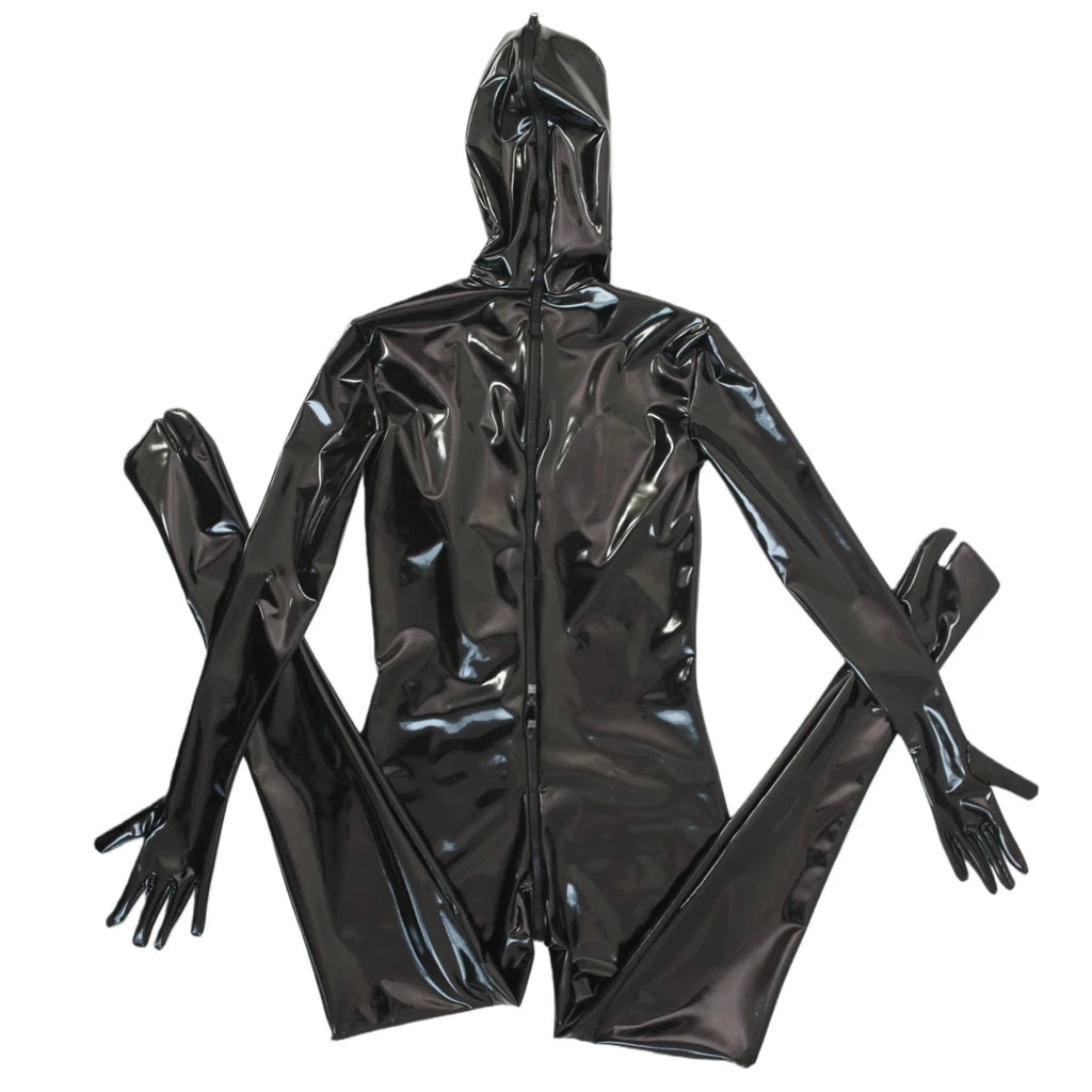 Sexy Cosplay Maid Full Bodysuit Latex Elasitc Sexy Tight PU Faux Leather Oil Shiny Catsuit Bodycon Glove Sleeve Jumpsuit