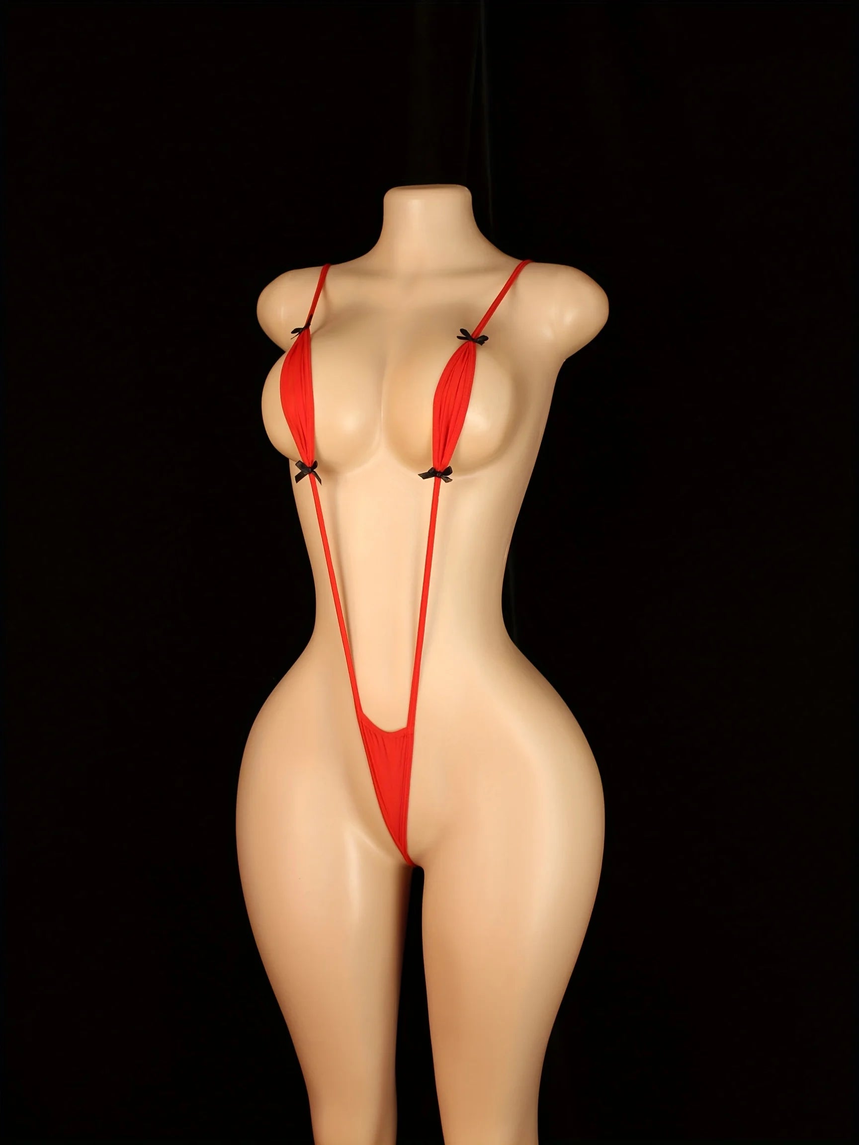 Sexy Adjustable Strappy Teddy Bodysuit for Women - Black Lingerie with Red Accents, Backless Design, Semi-Sheer Adult Apparel