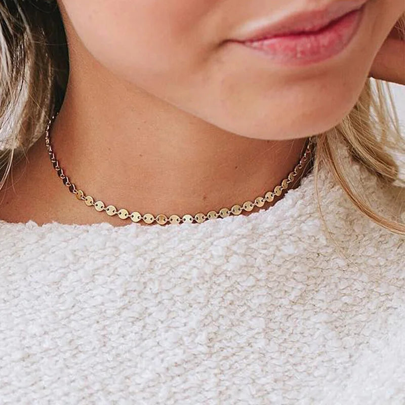 Women's Chokers Necklace Golden Color Round Metal Sequin Collar Short Chain Simple Punk Necklace Trendy Jewelry Gift
