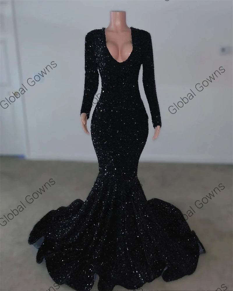 Sexy V Neck Long Prom Dress For Black Girls 2024 Sparkly Sequin Birthday Party Dresses With Full Sleeve Evening Gown Customized