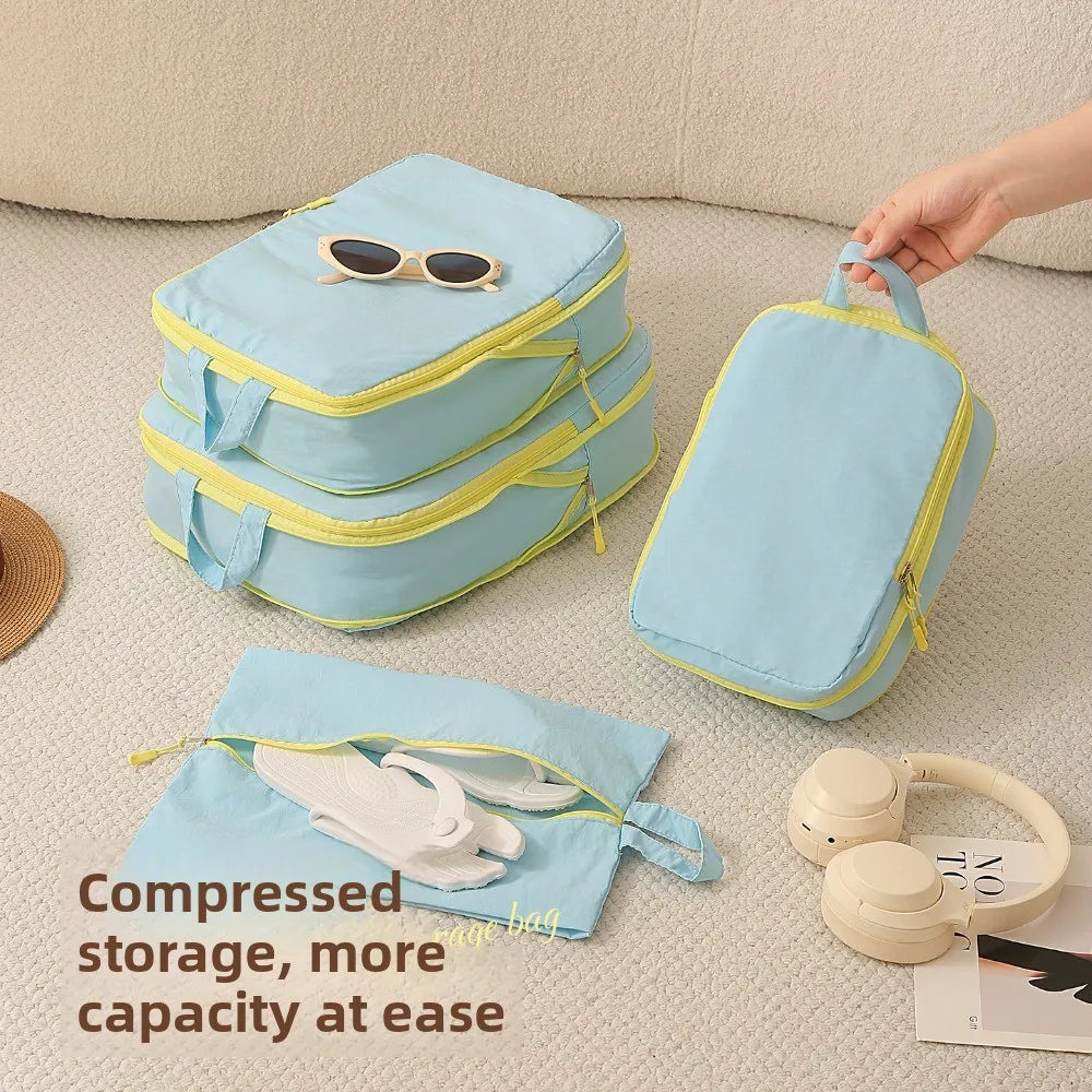 Packing Cubes Taslan Yellow Four Piece Set Space Saving Compression Luggage Organizer with Shoe Bag for Carry on Travel Vacation