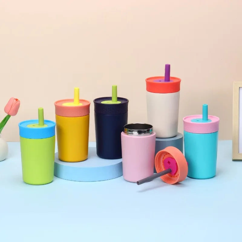 Colorful Insulated Tumbler With Straw, Stainless Steel & Silicone Travel Cup, Leak-Proof Portable Water Bottle For Kids & Adults