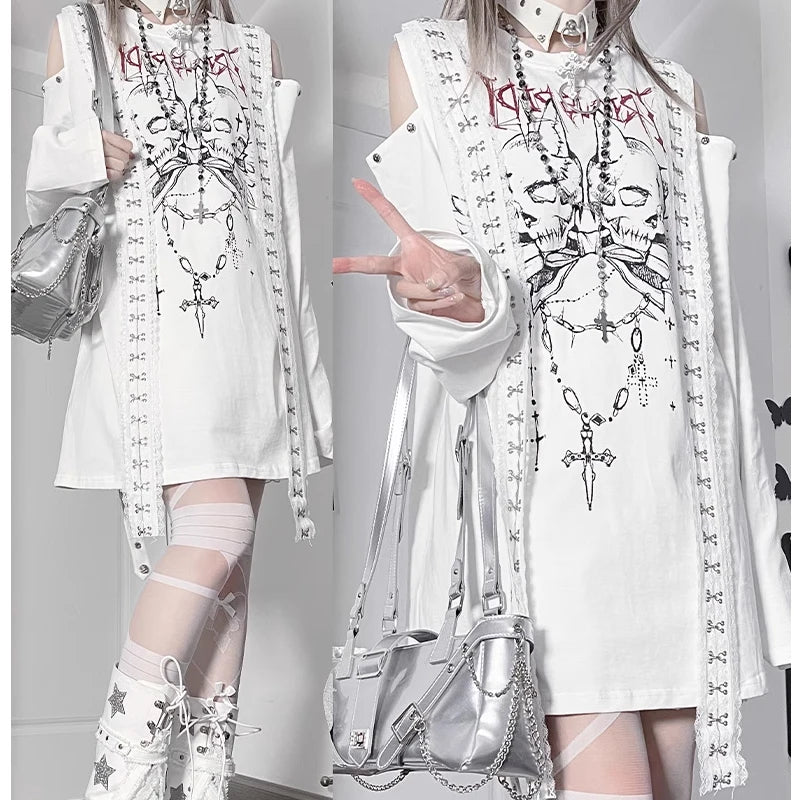 New Off-the-shoulder Subculture Cotton Tee Japanese Punk Gothic Print Dark Loose T-shirt Short/Long Sleeves Y2K Girls Cool Tops