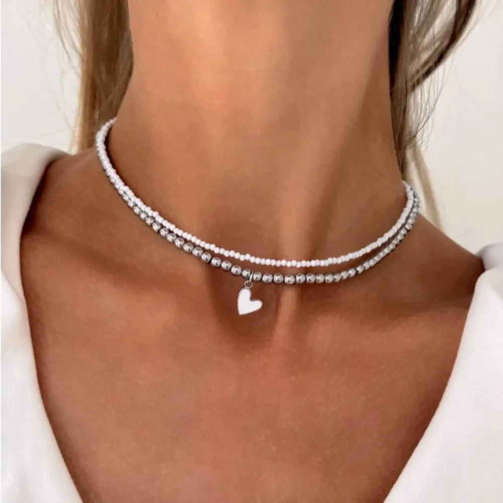 Layered Heart Pendant Beaded Necklace