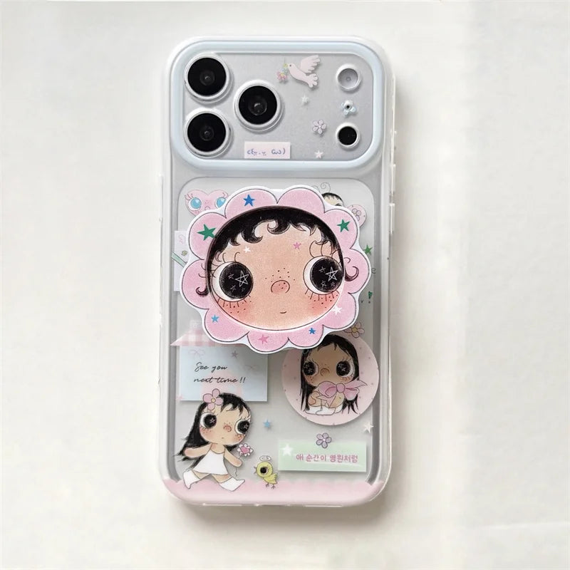 Cartoon Girl MagSafe iPhone Case with Flower Stand