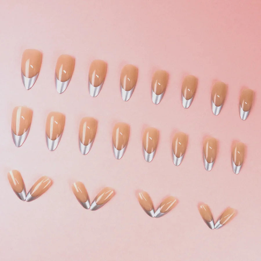 Medium fake nails for women girls french style golden silver frame almond Square shaped artificial nail tips press on false nail