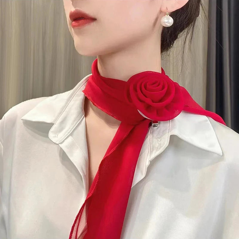 Women's Rose Print Silk Scarf & Ribbon Tie