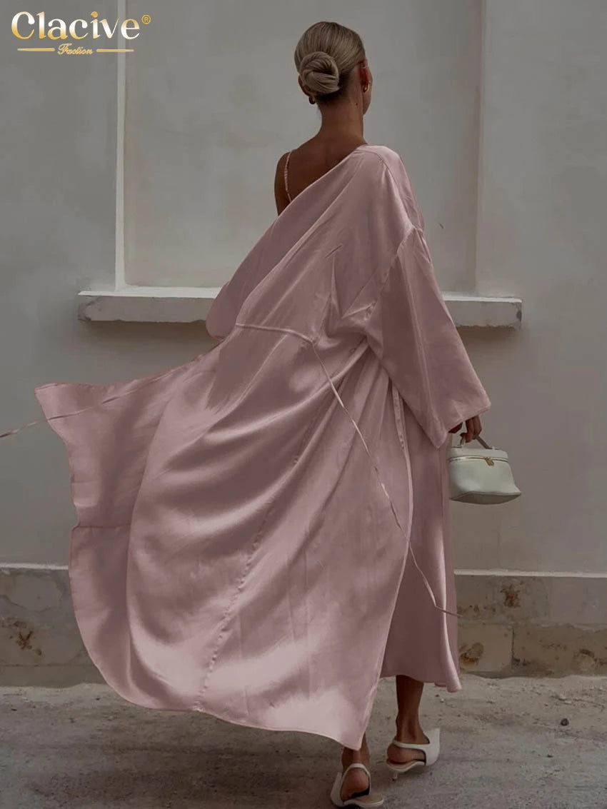 Clacive Sexy Loose Pink Satin Women's Two Pieces Set 2025 Fashion Long Sleeve Robes With Sleeveless Slit Long Dress Set Female