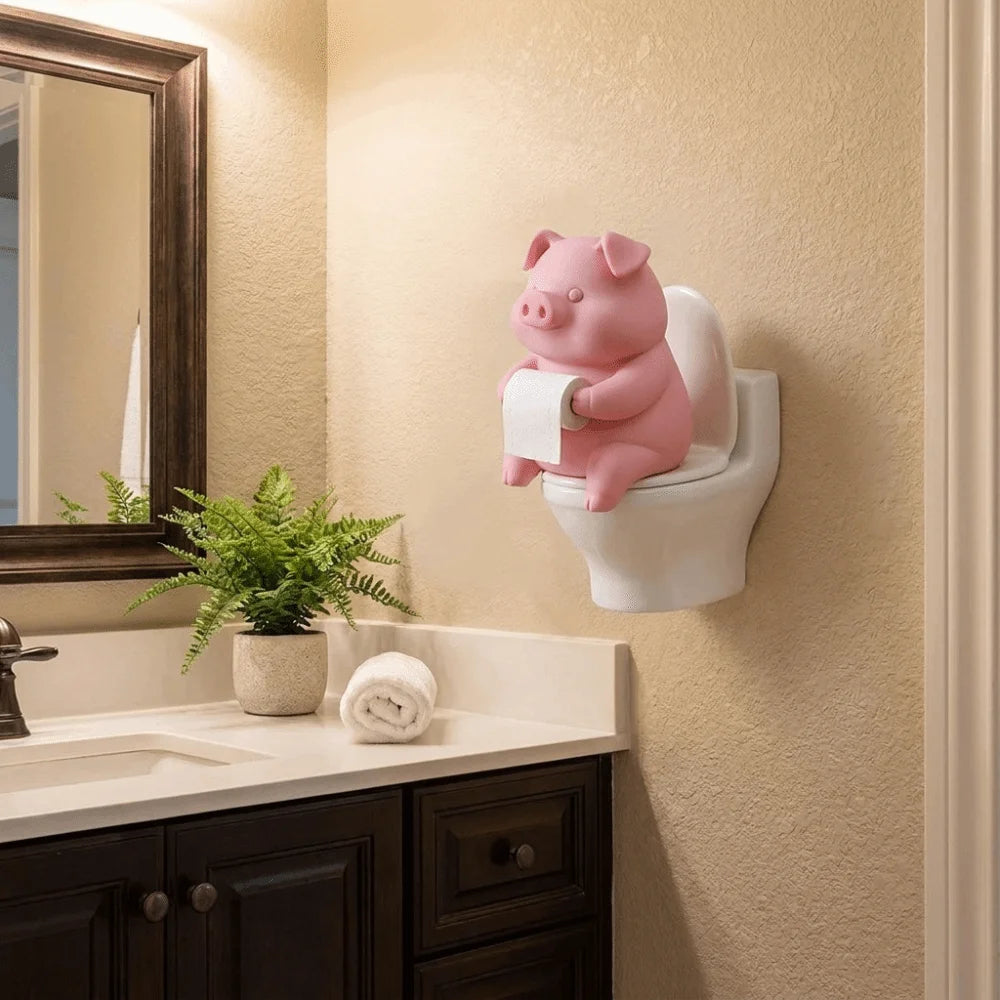 Funny 3D Printed Pig Figurine Cartoon Plastic Pig Sitting on Toilet Wall Mounted Toilet Pig Decoration Desk Shelf