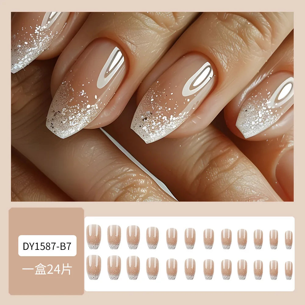 White French Glitter Square Press-On Nails – 24 Pieces