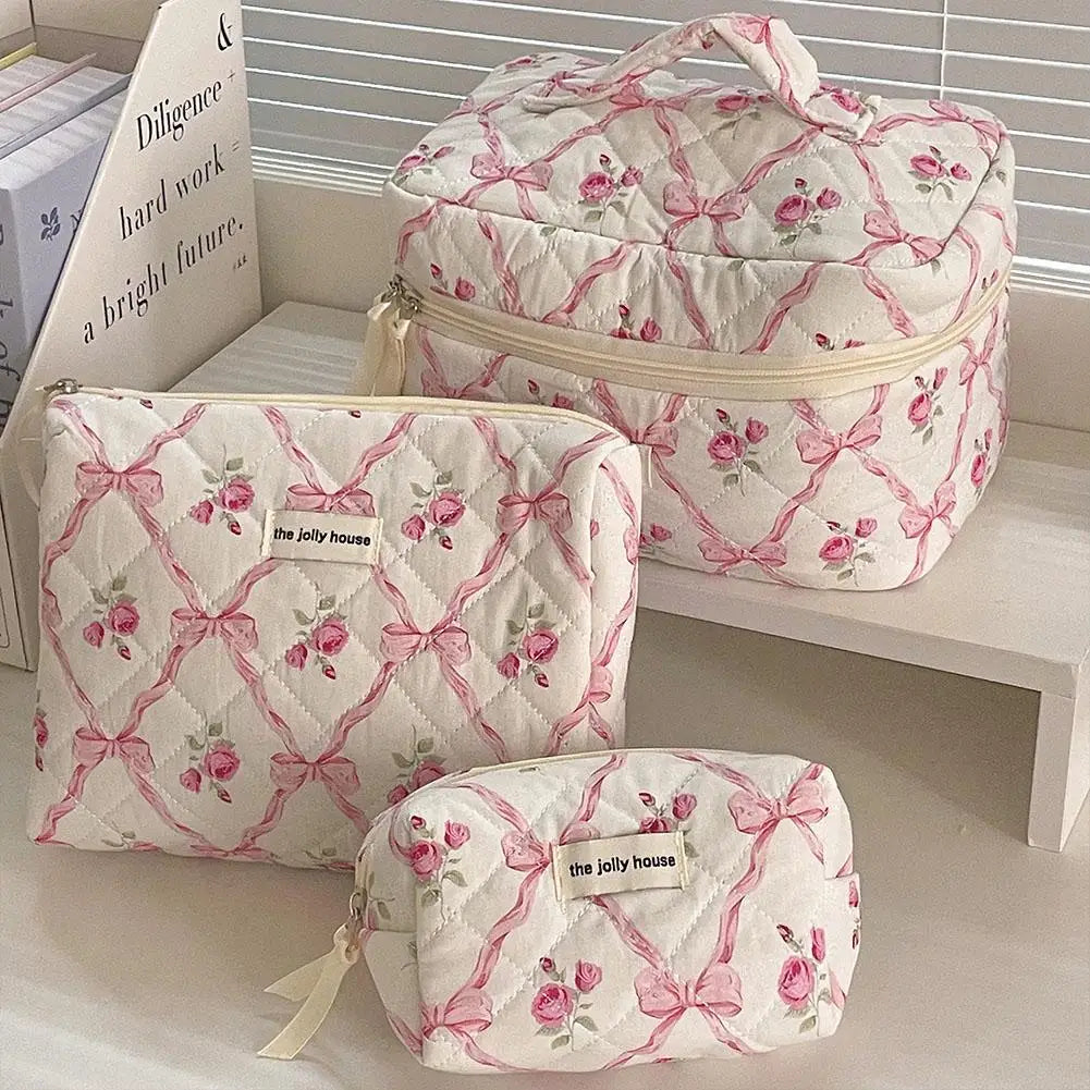 Quilted Bow Floral Makeup Bag