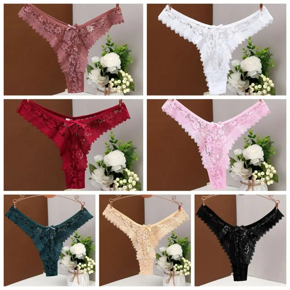 Lingerie Bow Flower Lace Seamless Thong Transparent Panties Underwear for Women Mid Waist Hollow Mesh Lace Briefs Comfortable