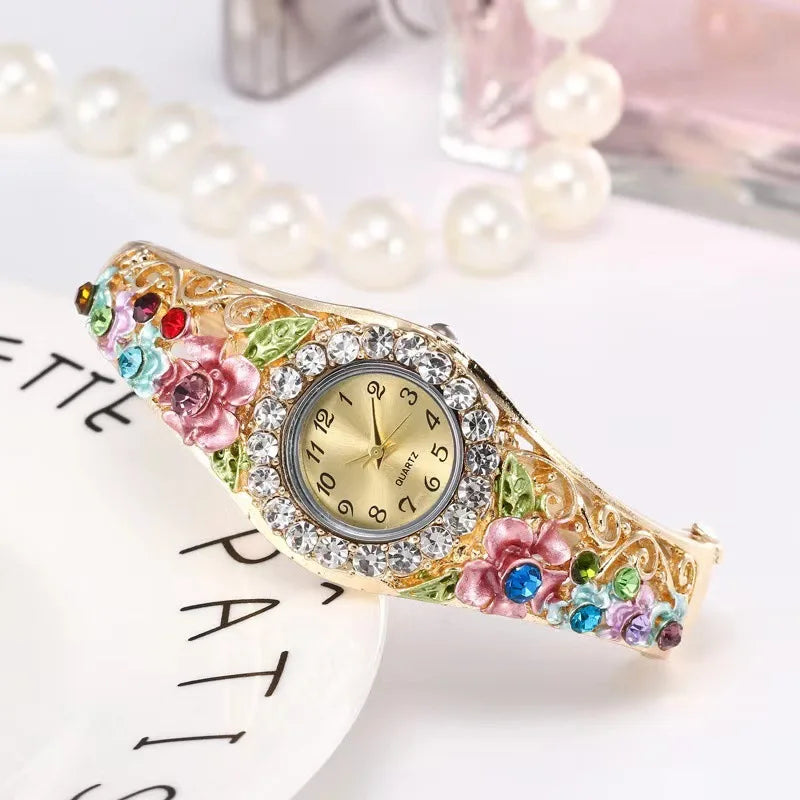 Women's Watches Stainless Steel Rhinestone Quartz Watch Women Fashion Flower Vintage Bangle Elegant Wristwatch Zegarek Damski