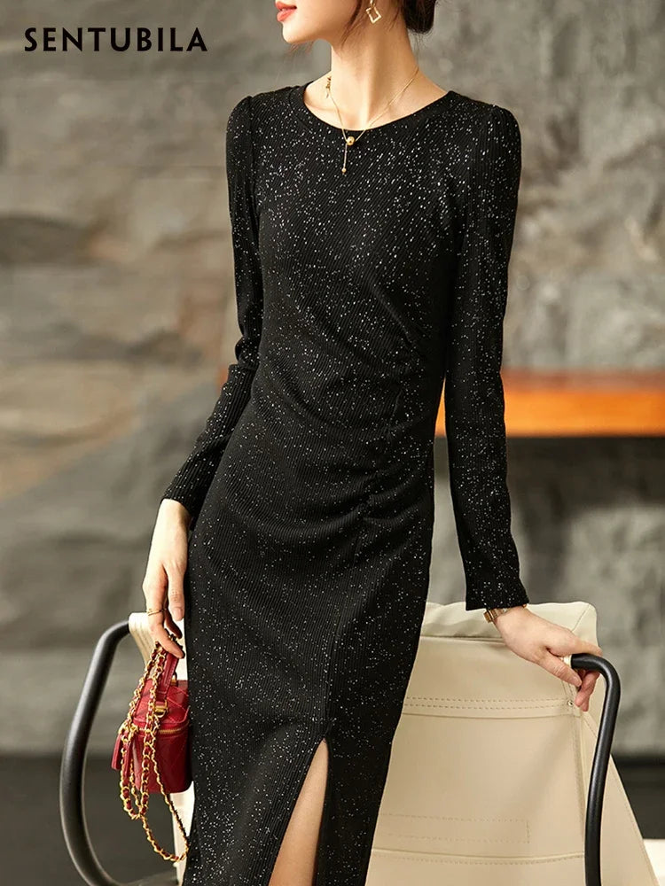 SENTUBILA Black Sequin Bodycon Dress for Women 2026 Autumn Elegant Lady Sexy Split Knitted Birthday Dress Luxury 143L56650X