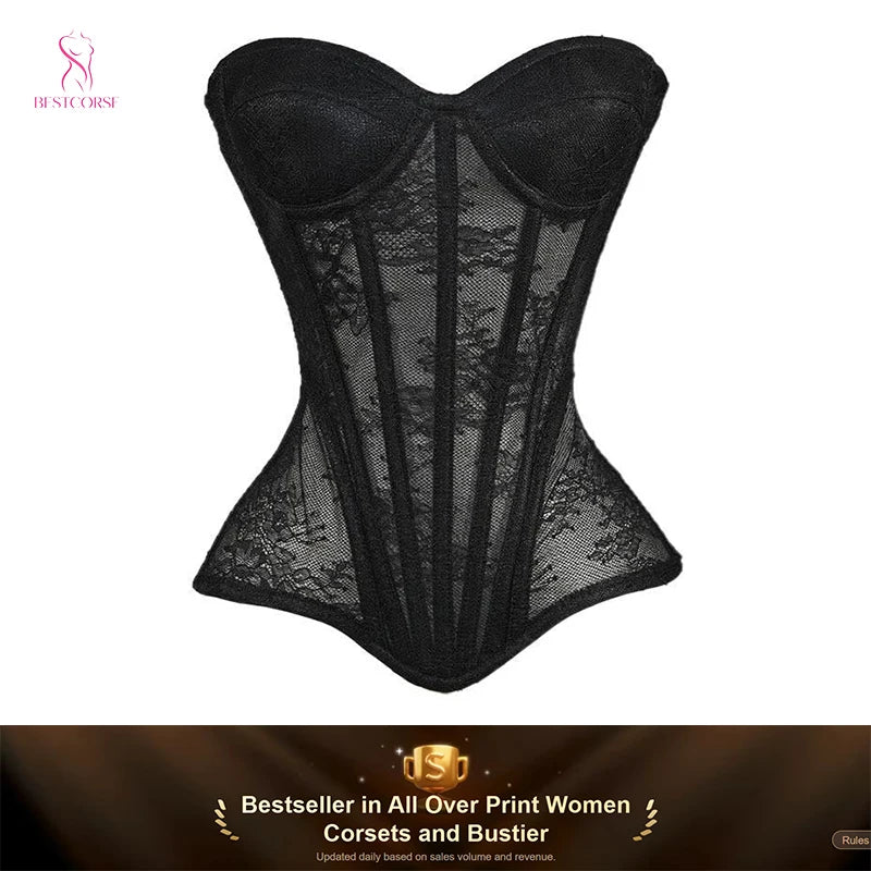 XXS Luxury Victorian Elegant Black Sexy Mesh Corset Tight Extreme Bustier Top With Cup Steel Bone Waist Cincher Sculpting Curve
