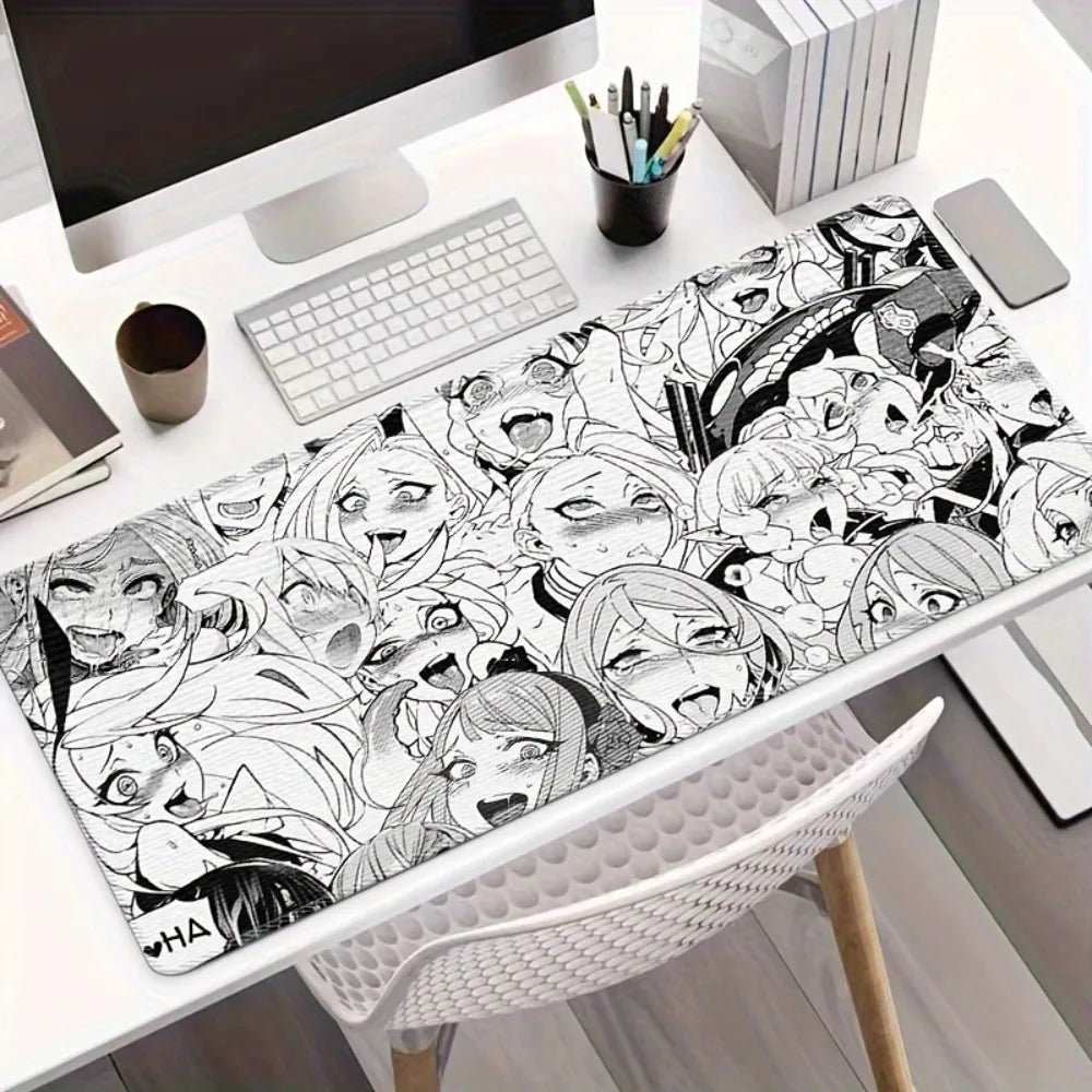 Ahegao Anime Girls Collage Gaming Mouse Pad, Large Non-Slip Desk Mat with Black & White Manga Style for Gamers & Home Office
