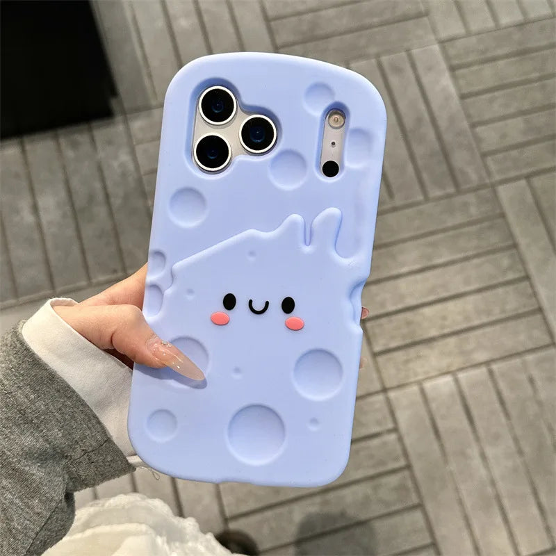 Korean Cartoon Blue Cheese Soft Silicone Phone Case For iPhone 17 16 15 14 13 Pro Max Plus Kawaii Shockproof Protective Cover