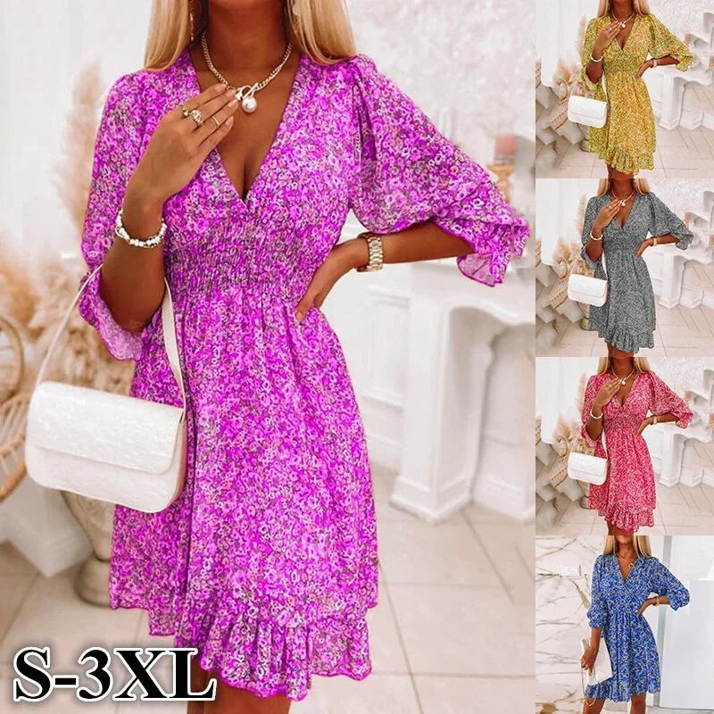 Summer Fashion Floral Dress for Women Midi Skirt Casual Tighten The Waist Pullover Printed Short Sleeves Bohemia Bright Dresses