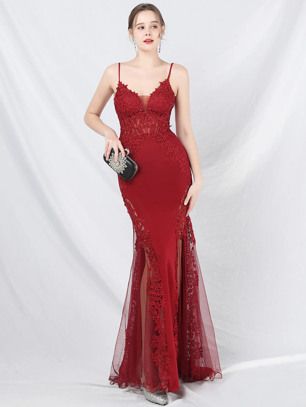 Women's Sheer Lace Mesh Maxi Evening Dress