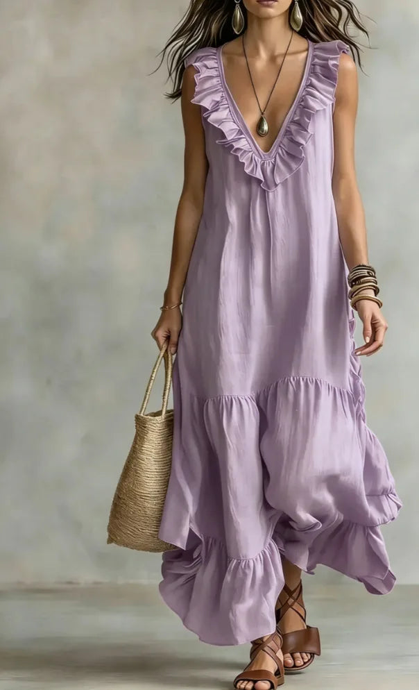 Women's Cotton-Linen V-Neck Ruffle Beach Dress