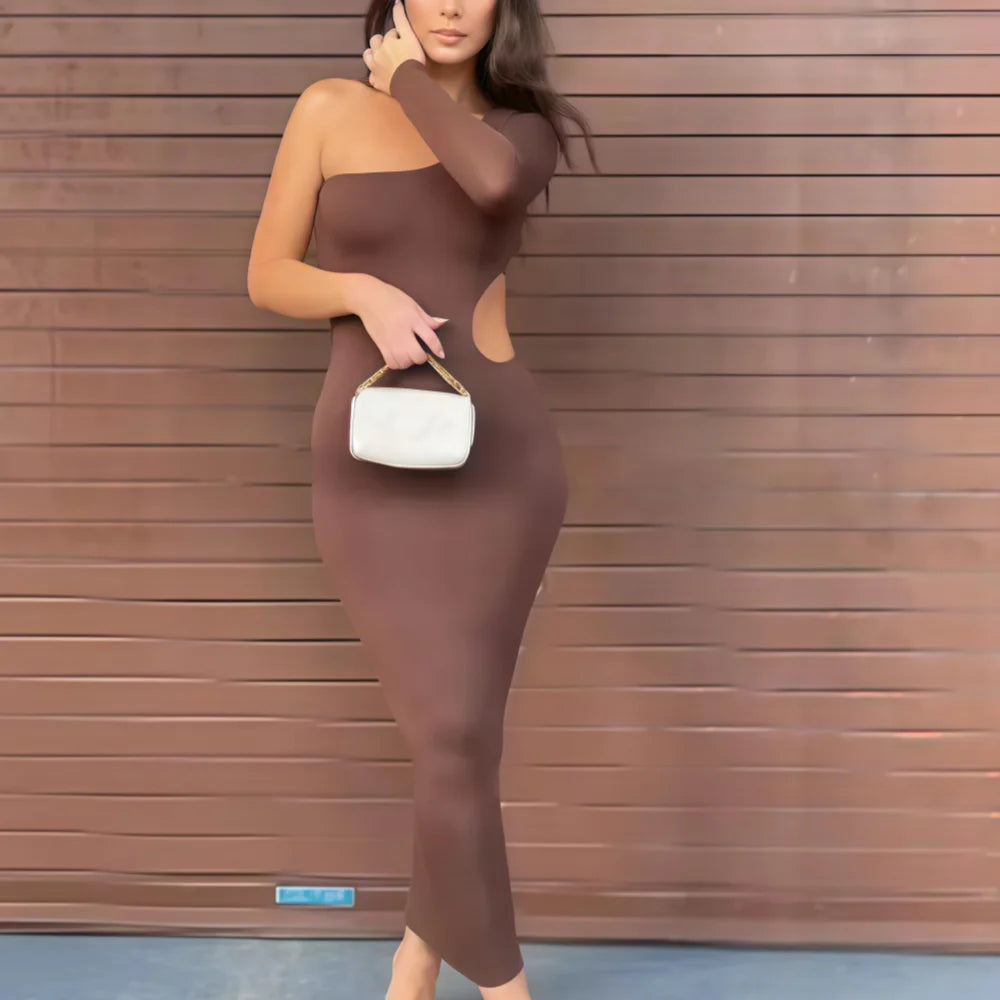Sexy Lady Fashion Elegant Dress Luxury Women Hot Off-The-Shoulder Solid Color Diagonal Collar Elegant Sleeveless Formal Gown Tee