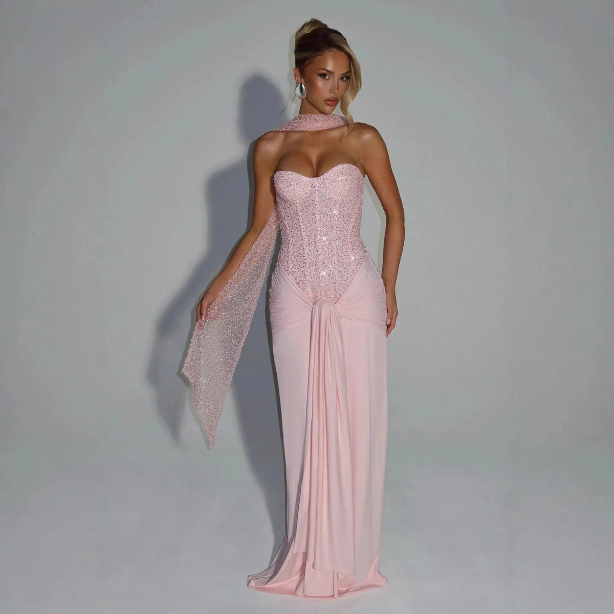 Women's Sequin Strapless Pleated Maxi Dress