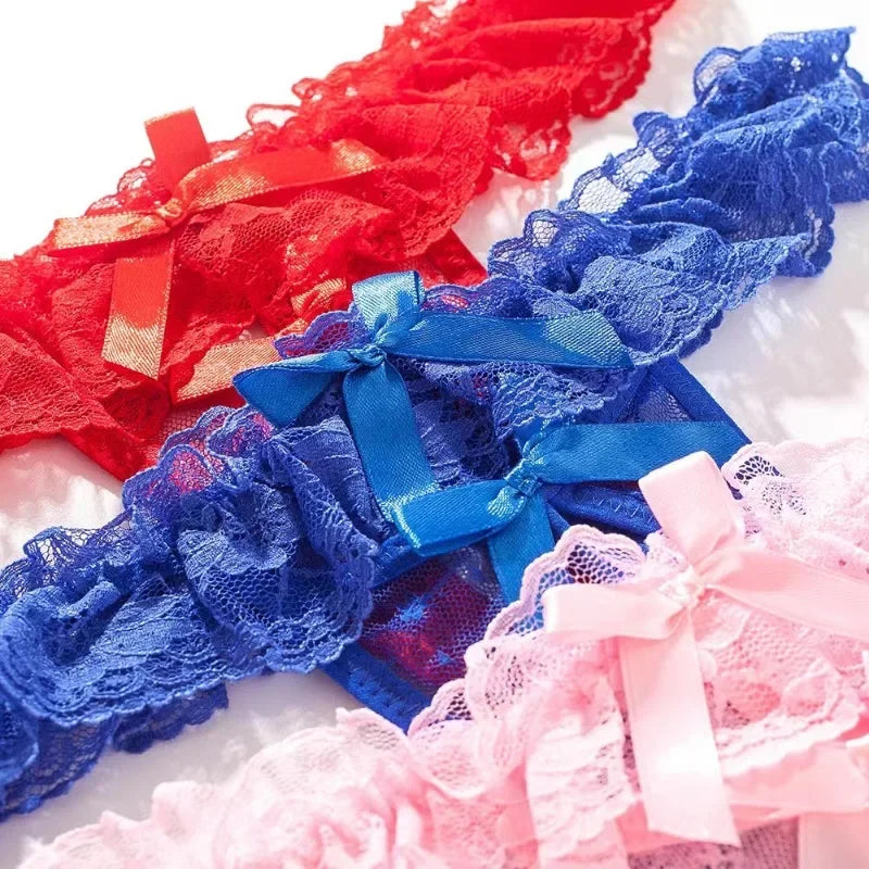 Sexy Panties for Hot Sex Women's Massage Bead Bow Chain Thong Soft Lace Crothless Lingerie Tie Low Waist Hollow G-string Thongs