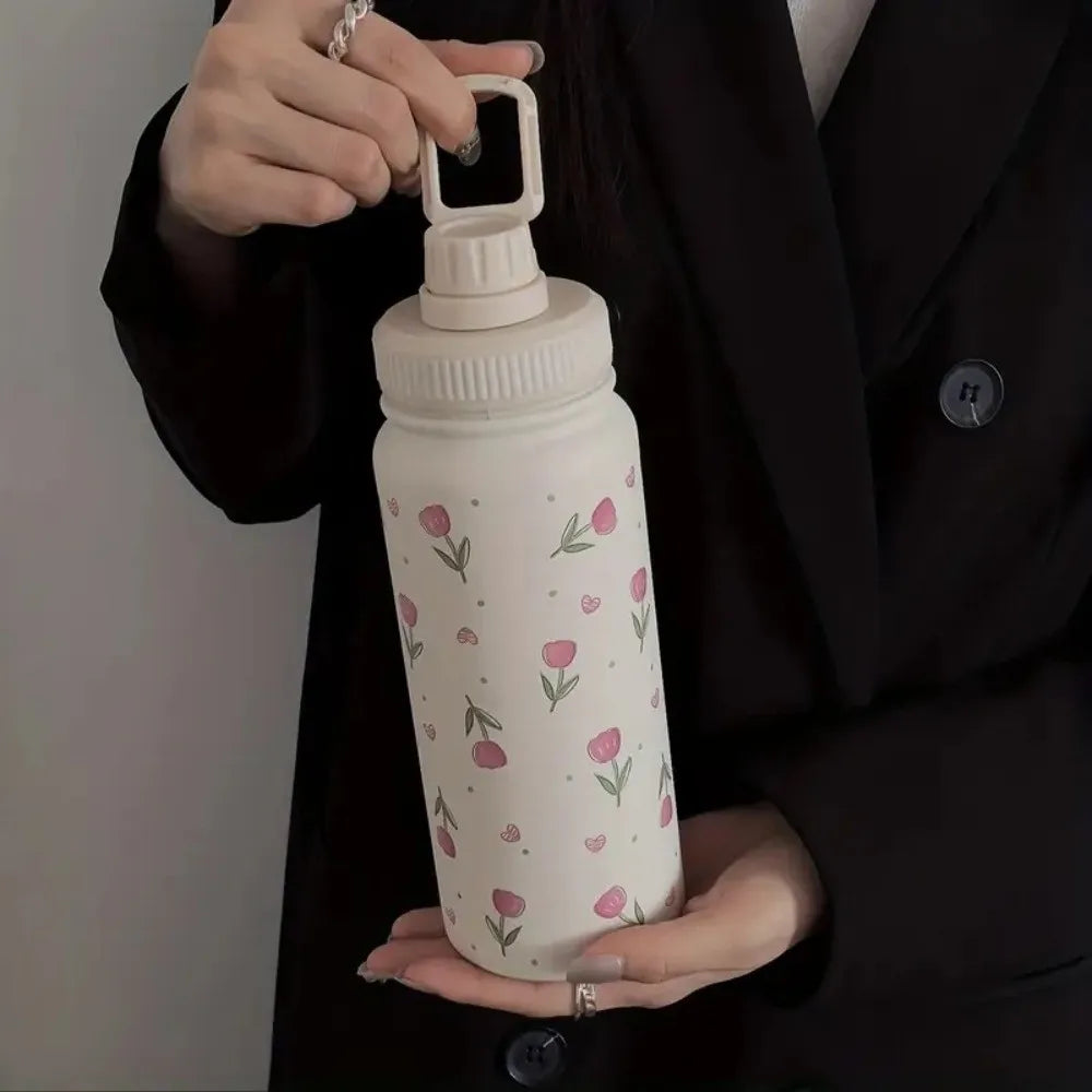 Tulip Pattern Insulated Water Bottle Vacuum Sealed Durable Tumbler Water Cup Eco-Friendly with Handle