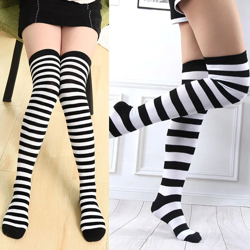 Women Thigh High Over The Knee Socks for Girl Black White Striped Hosiery Long Cotton Stockings Kawaii Knitted Leg Warmers Socks