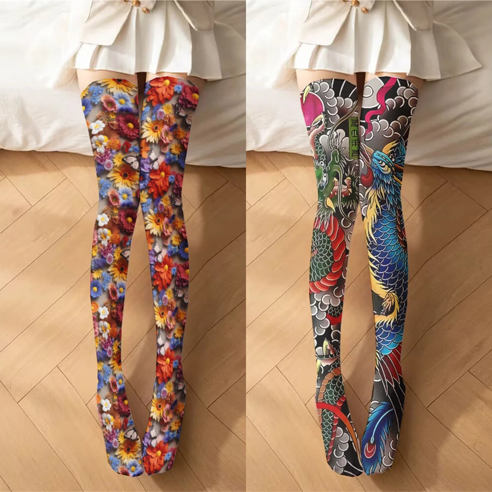 Newly designed tattoo thigh socks, fashion printed stockings, loli girls, Japanese sexy stockings, thin models, multiple sizes