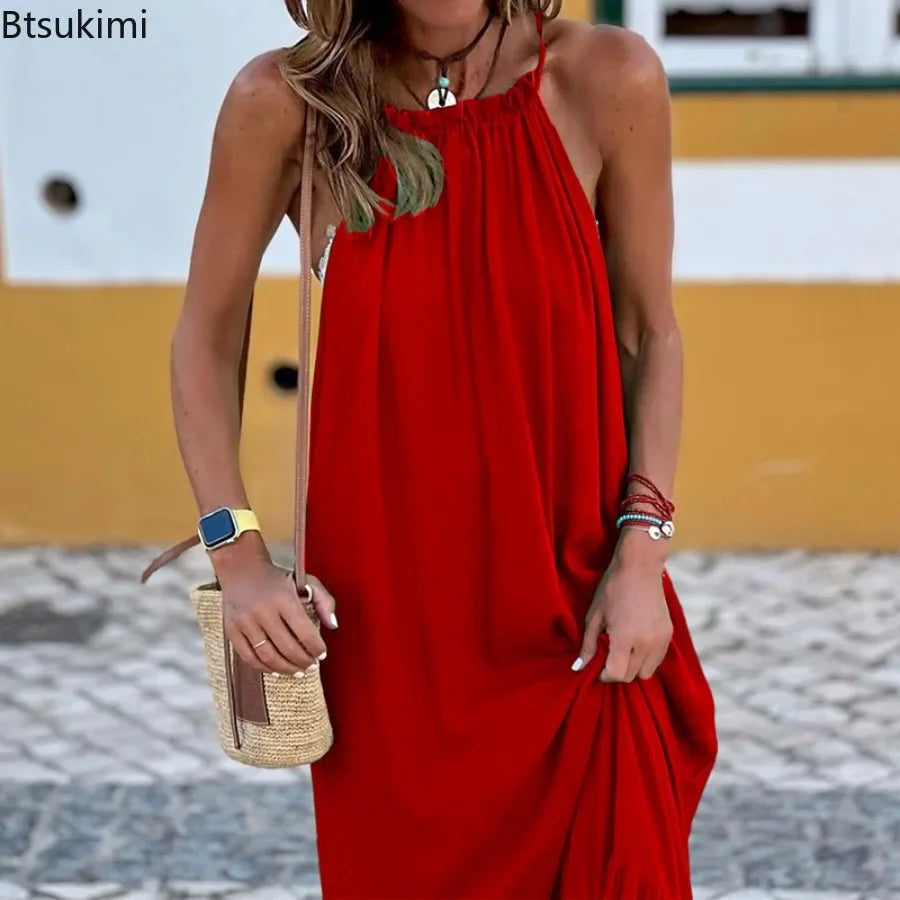 Summer New Dress for Women Sexy Solid Strap Dress Loose Backless Big Swing Beach Dresses Holiday Dresses for Women Wedding Guest