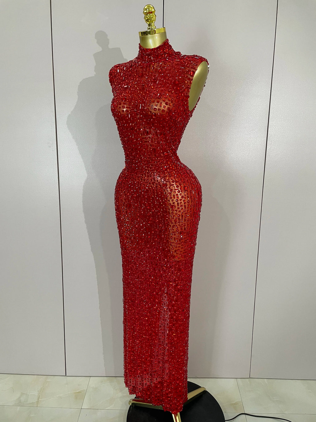 Luxury Sparkly Diamonds Red Sexy Mesh See Through Long Dress Women Eveing Celebrate Birthday Dress Wedding Singer Stage Costume