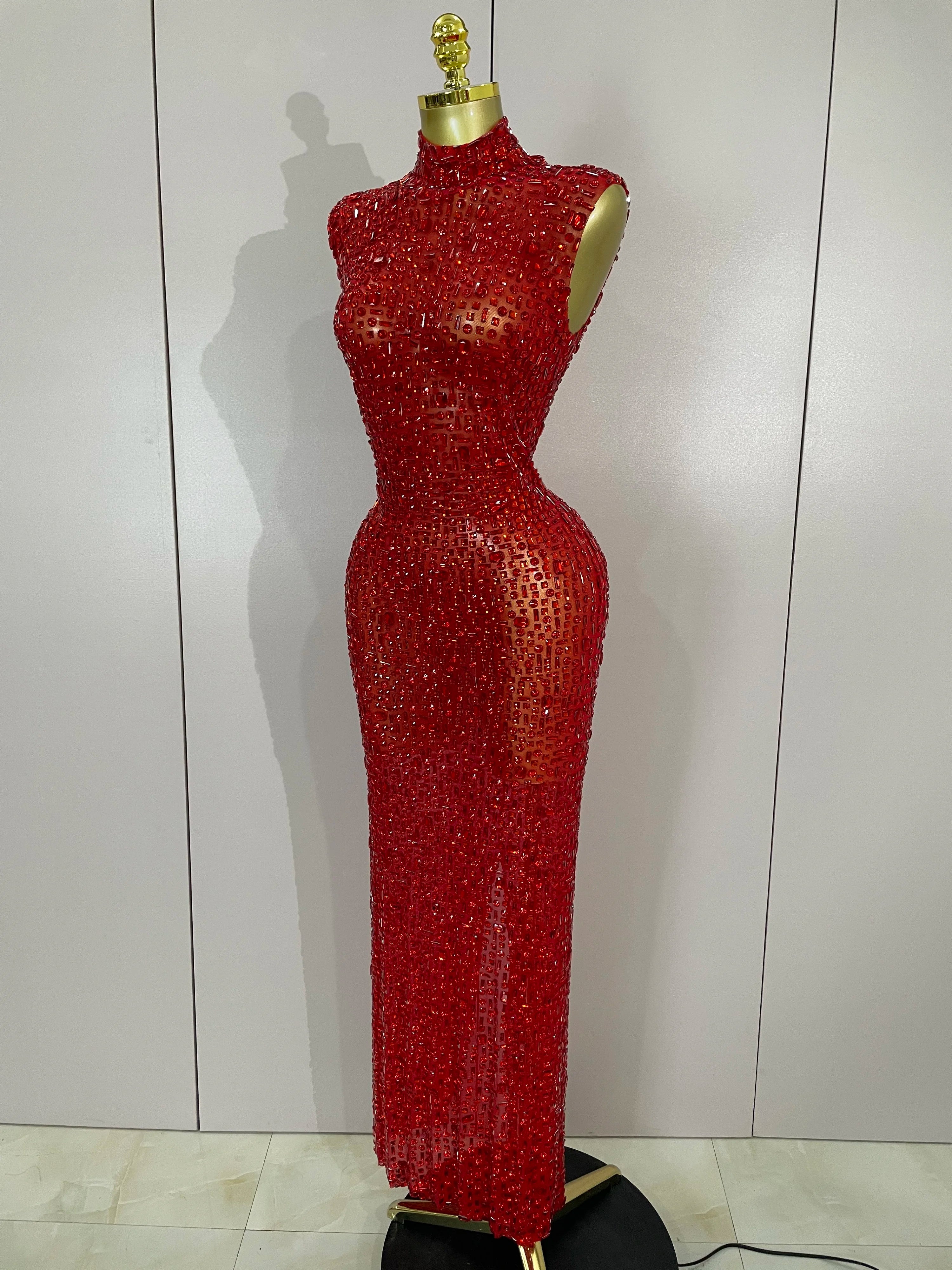 Luxury Sparkly Diamonds Red Sexy Mesh See Through Long Dress Women Eveing Celebrate Birthday Dress Wedding Singer Stage Costume