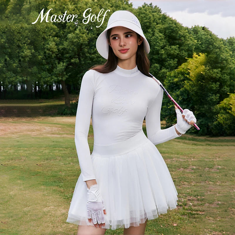 MG Autumn Golf Elastic Shirt Women Long Sleeve Slim T-shirt White Short Skirt Ladies Ruffle Pleated Tutu Skirts with Inner Short