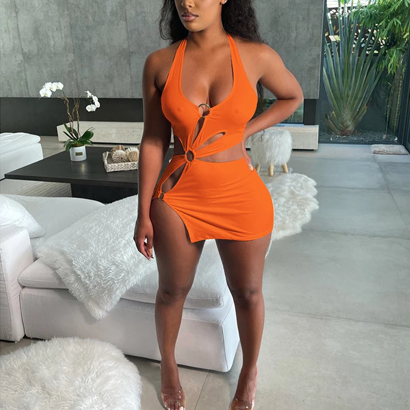 Women's Orange Cutout Bodycon Mini Dress