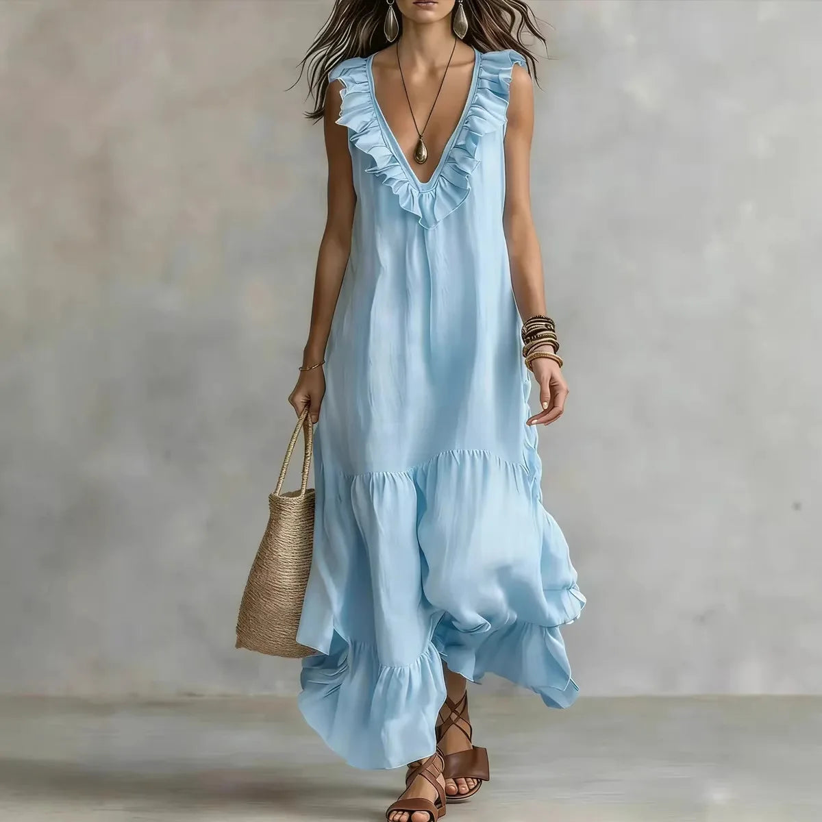Women's Cotton-Linen V-Neck Ruffle Beach Dress