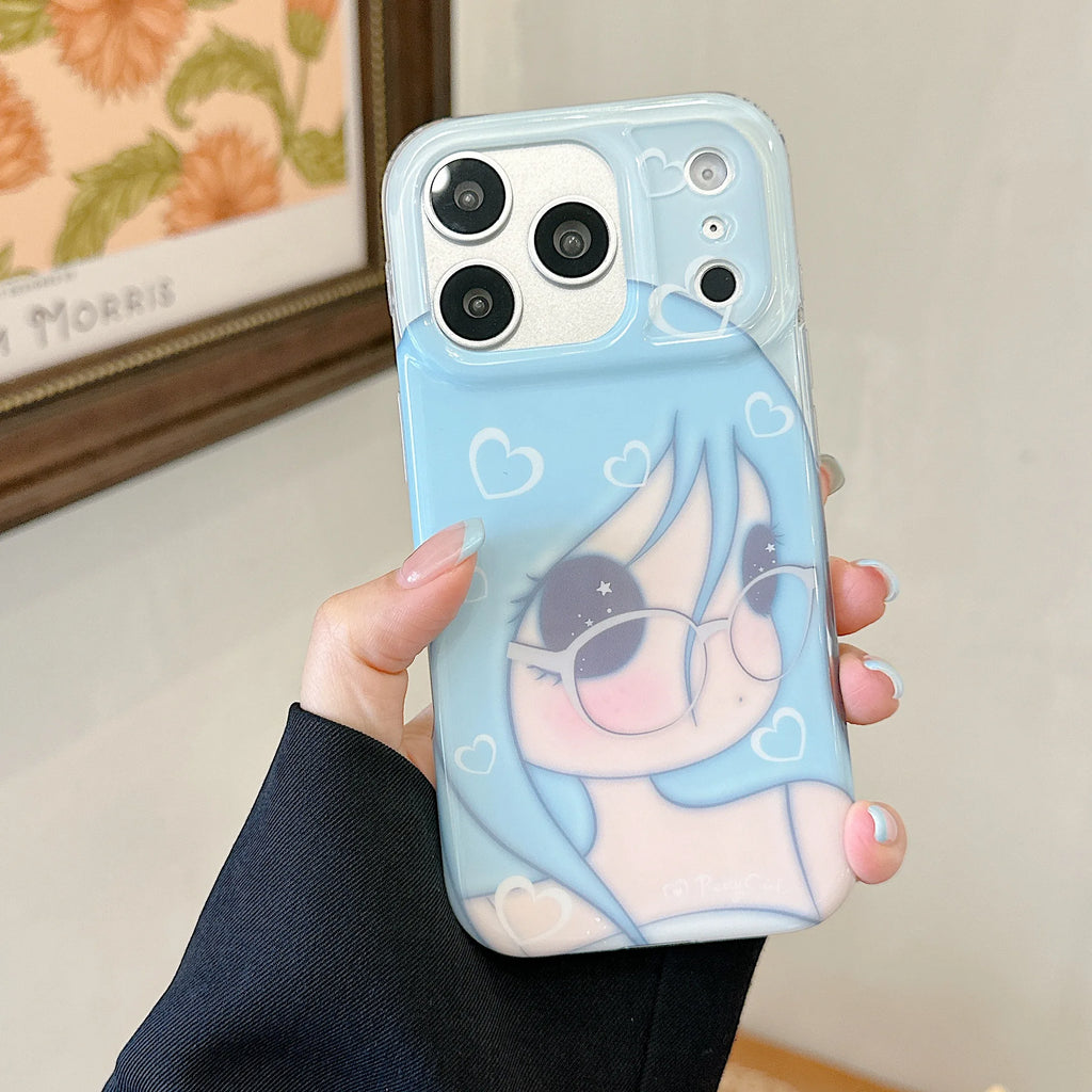Kawaii Blue Hair Anime Girl Phone Case for IPhone17 16 15 Pro ProMax Cartoon Character with Glasses Soft Gift for Girls
