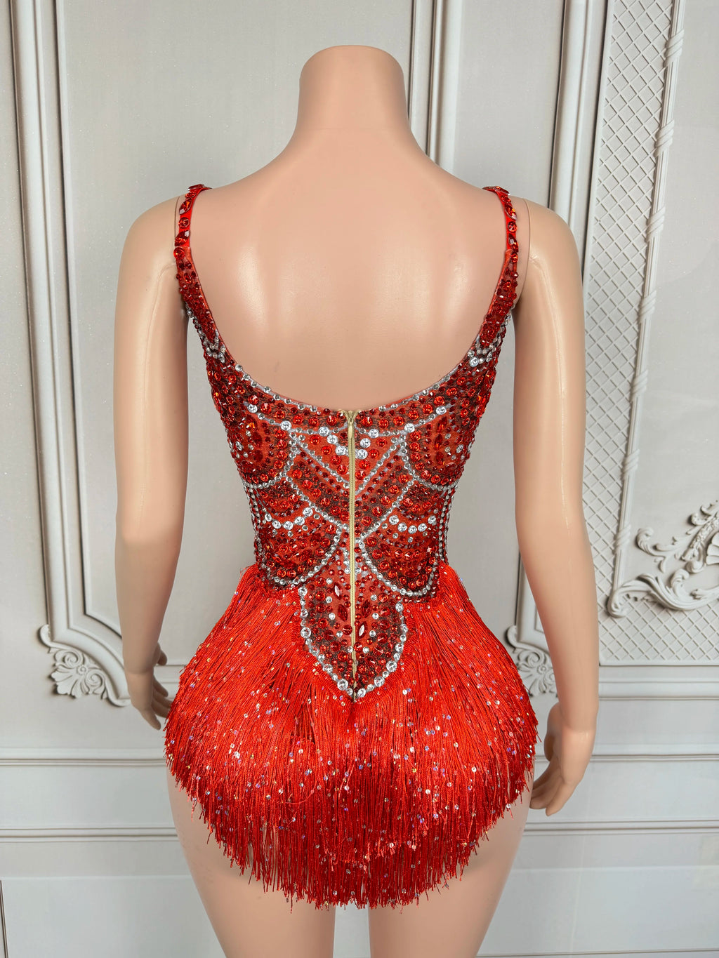 Sexy Sparkly Red Rhinestones Tassels Bodysuit Women Show Performance Dance Costume Nightclub Outfit Singer Dancer Stage Wear