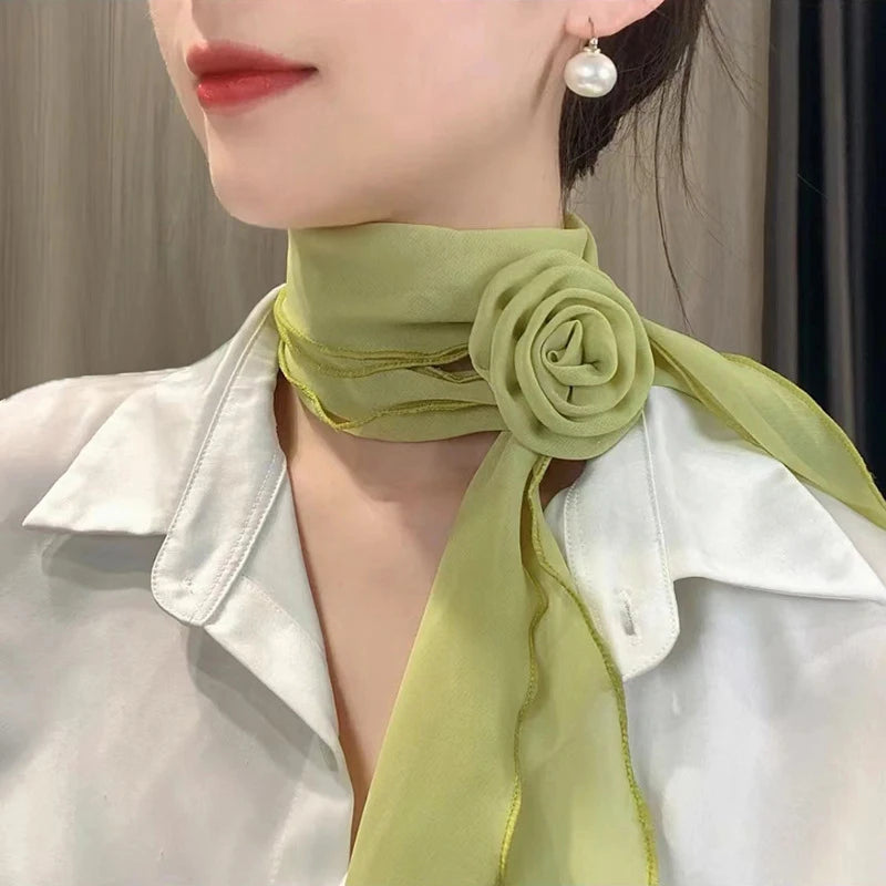 Women's Rose Print Silk Scarf & Ribbon Tie